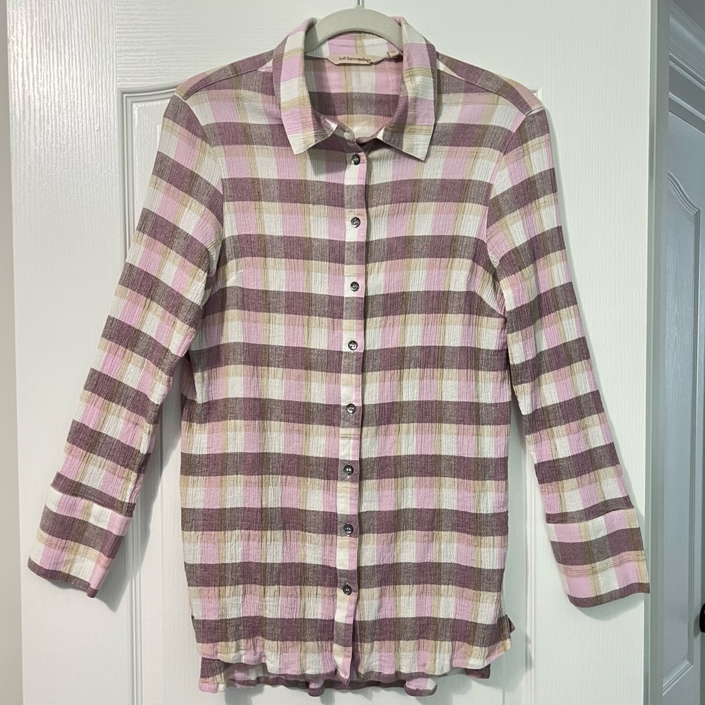 Soft Surroundings Crinkle Cotton Pink and Tan Plaid Long Sleeve Shirt
